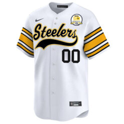Alternative view of Custom Pittsburgh Steelers 50th Anniversary Super Bowl IX White Throwback Baseball Jersey - All Stitched