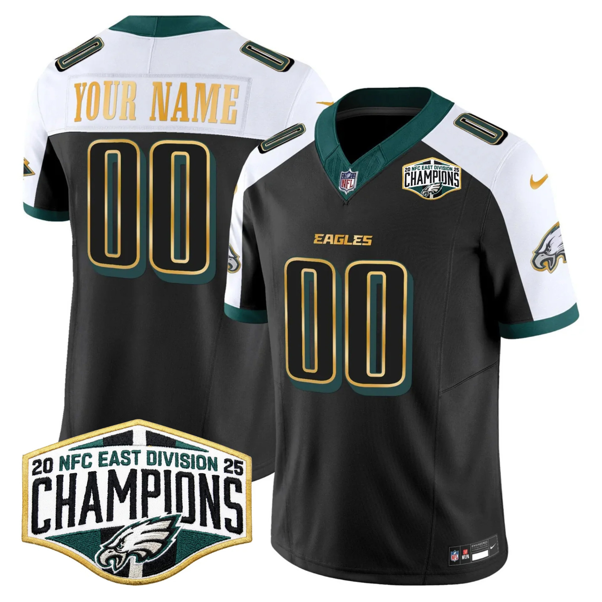 Custom Philadelphia Eagles 2025 NFC East Division Champions Black Alternate Gold Trim Vapor F.U.S.E Limited Jersey - All Stitched