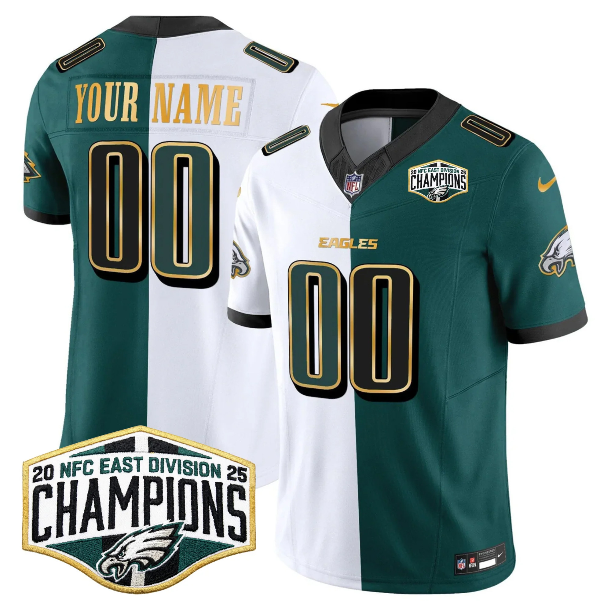 Custom Philadelphia Eagles 2025 NFC East Division Champions Black Green Split Gold Trim Vapor F.U.S.E Limited Jersey - All Stitched