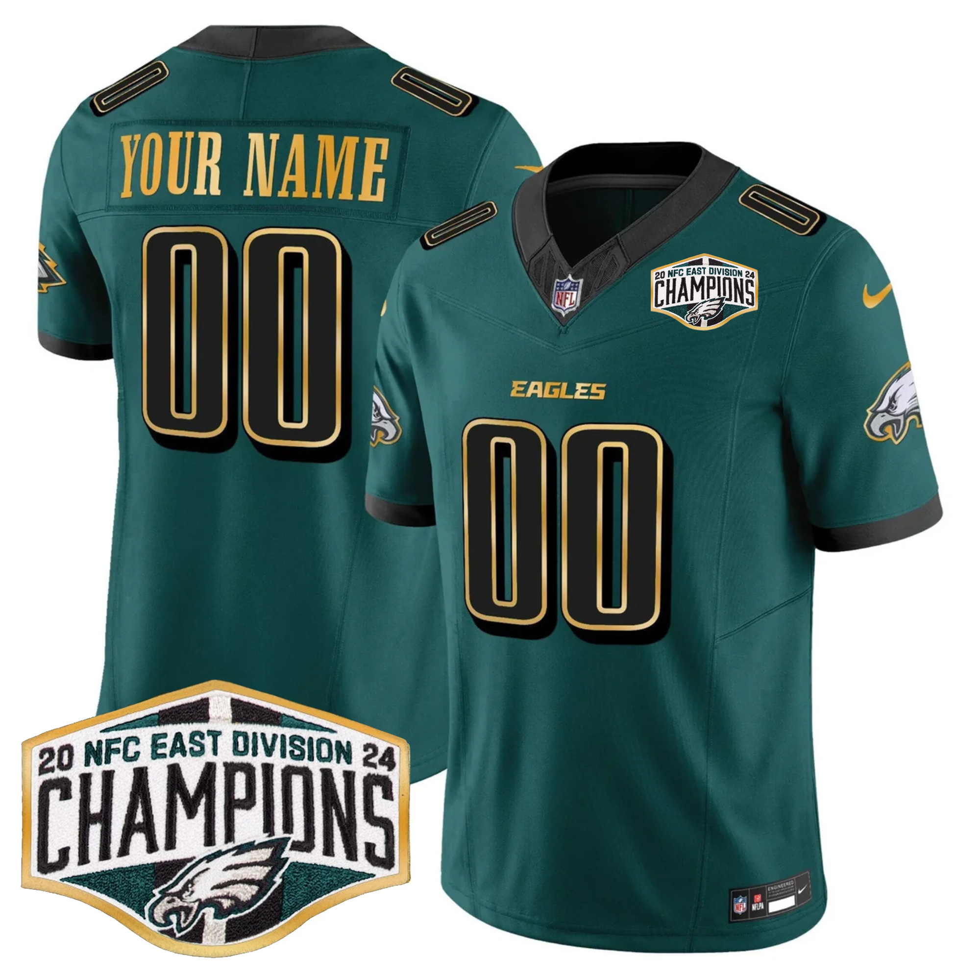 Custom Philadelphia Eagles 2024 NFC East Division Champions Midnight Green Gold Trim Vapor F.U.S.E Limited Jersey - All Stitched