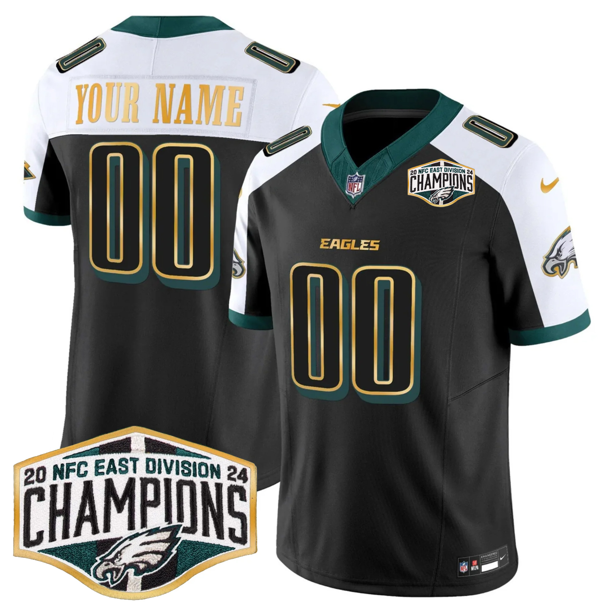 Custom Philadelphia Eagles 2024 NFC East Division Champions Black Alternate Gold Trim Vapor F.U.S.E Limited Jersey - All Stitched