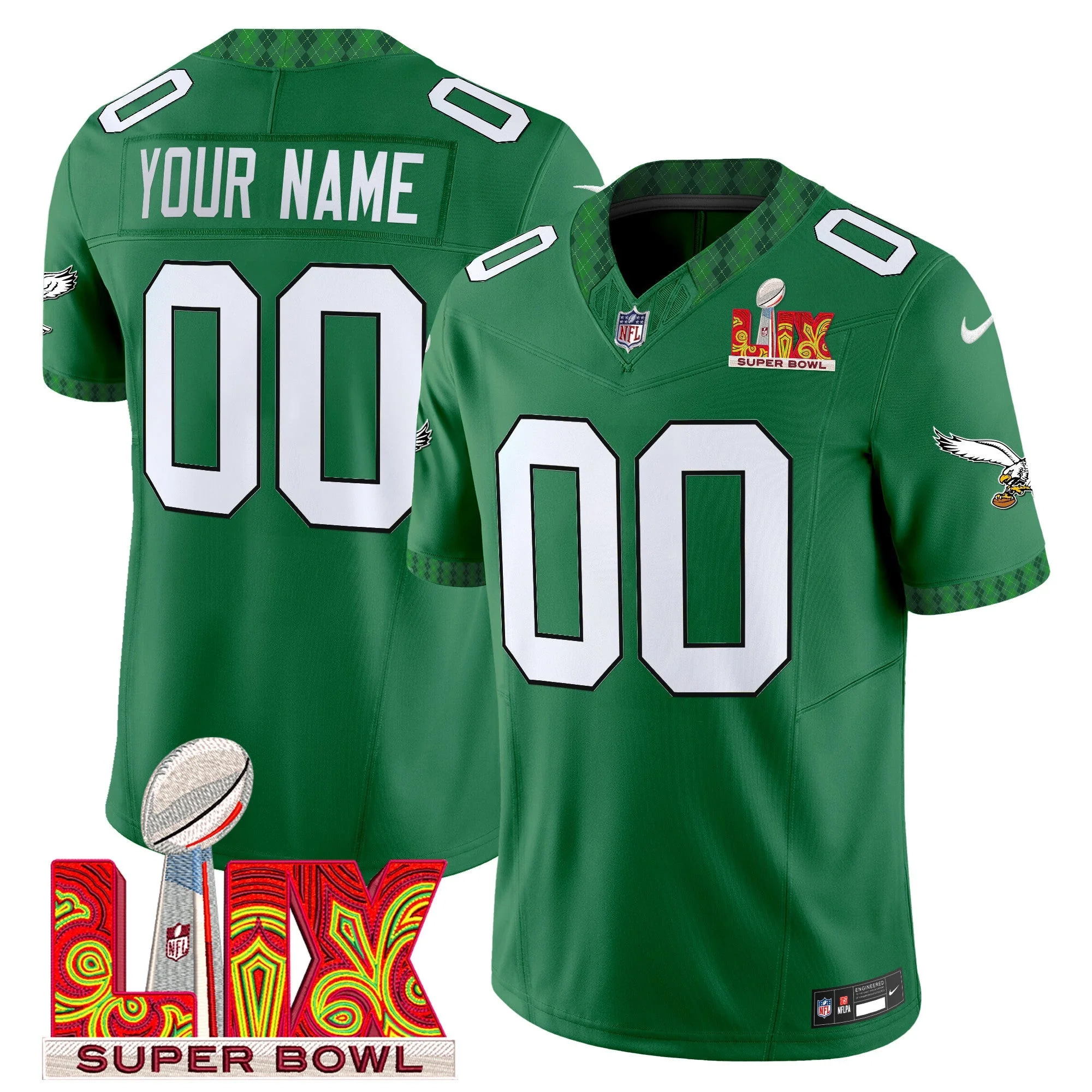 Custom Philadelphia Eagles St.Patrick's Day Super Bowl LIX Kelly Green Vapor F.U.S.E Limited Jersey - All Stitched