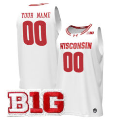 Custom Wisconsin Badgers Basketball White Away Jersey w/ B1G Patch - All Stitched