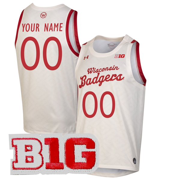 Custom Wisconsin Badgers Basketball 2020/21 White Jersey w/ B1G Patch - All Stitched