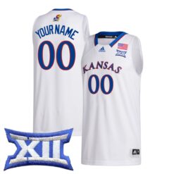 Custom Kansas Jayhawks Basketball 2023/24 White Home Jersey w/ XII Patch - All Stitched