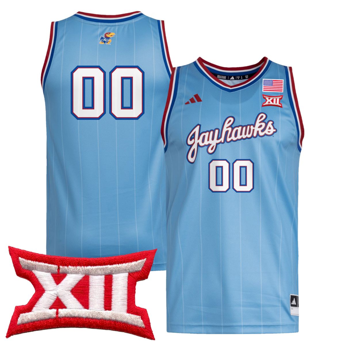 Custom Kansas Jayhawks Basketball Light Blue Jersey w/ XII Patch - All Stitched