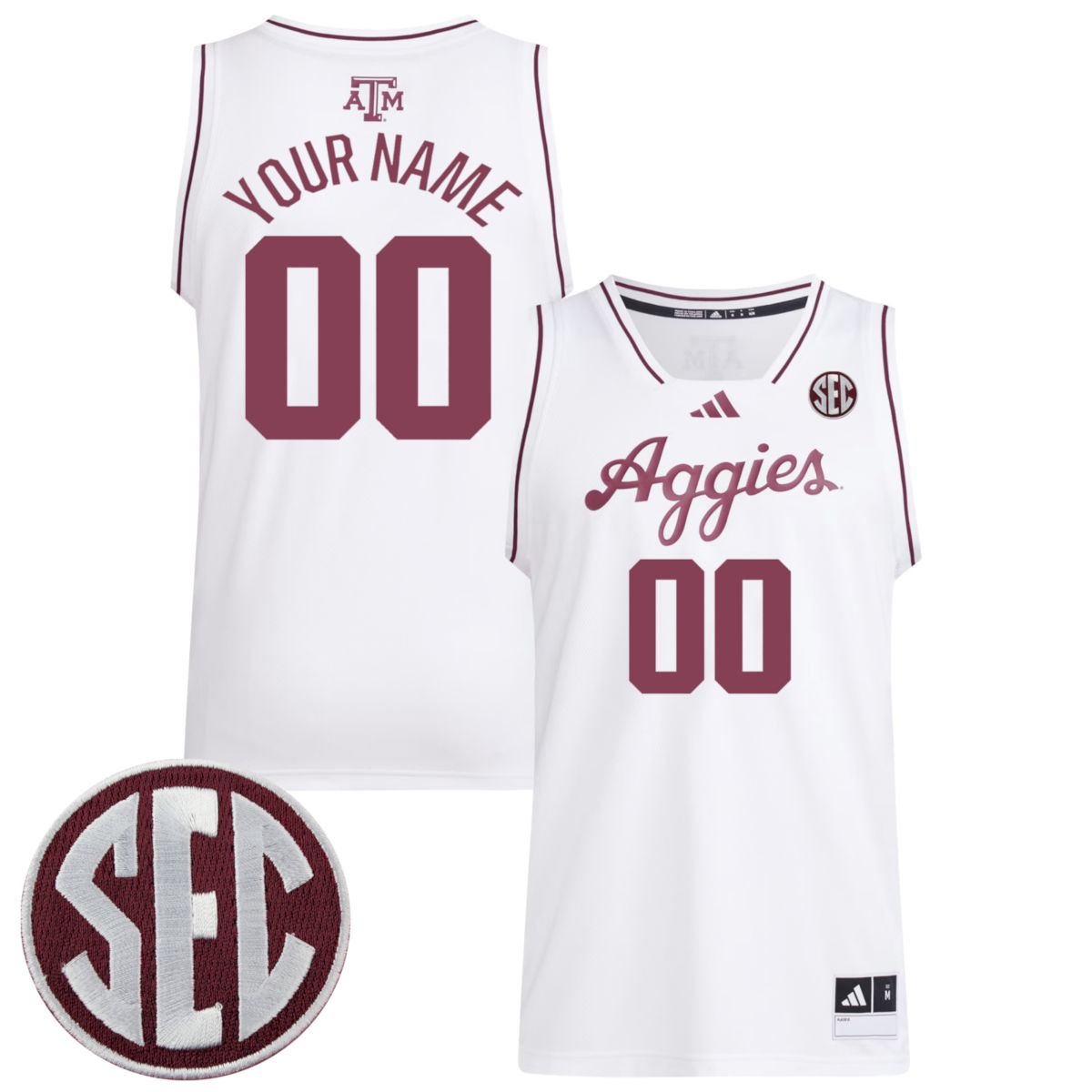 Custom Texas A&M Aggies Basketball 2024/25 White Home Jersey w/ SEC Patch - All Stitched
