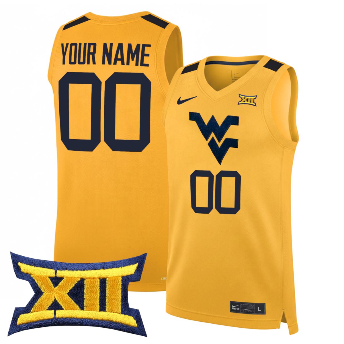 Custom West Virginia Mountaineers Basketball Gold Alternate Jersey w/ XII Patch - All Stitched
