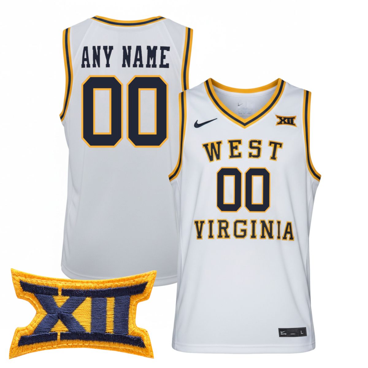 Custom West Virginia Mountaineers Basketball White Throwback Jersey w/ XII Patch - All Stitched