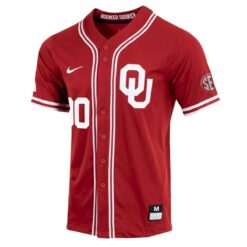 Alternative view of Custom Oklahoma Sooners Baseball Crimson Game Jersey w/ SEC Patch - All Stitched