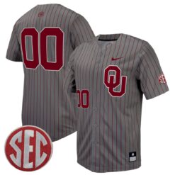 Custom Oklahoma Sooners Baseball Grey Pinstripe Game Jersey w/ SEC Patch - All Stitched