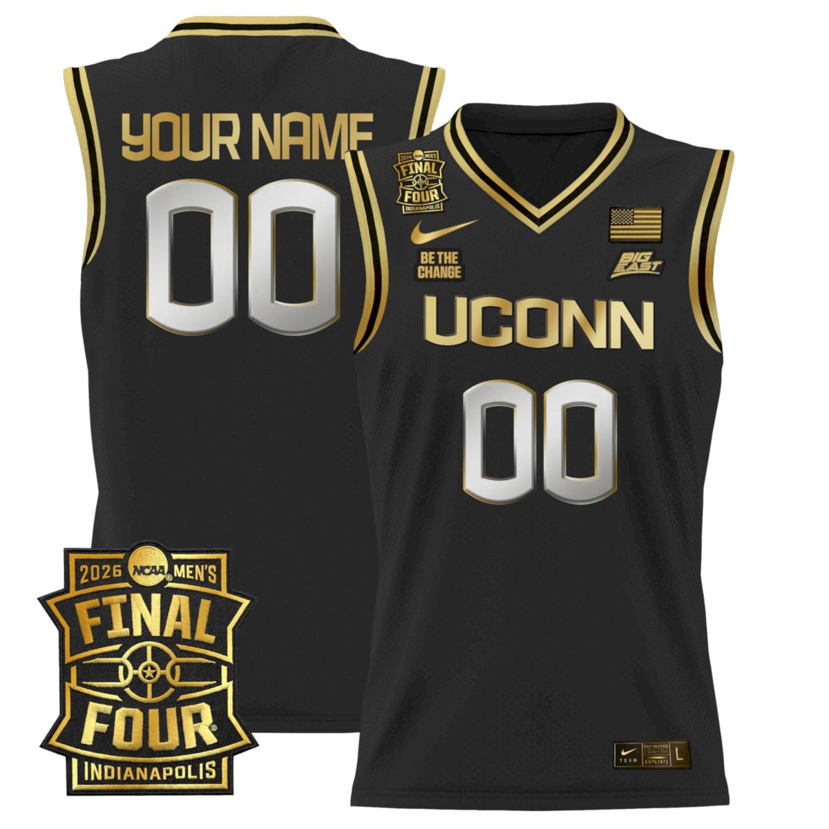 Custom UConn Huskies Basketball 2026 Final Four Black Gold Jersey - All Stitched