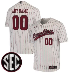 Custom South Carolina Gamecocks Baseball White Pinstripe Game Jersey w/ SEC Patch - All Stitched