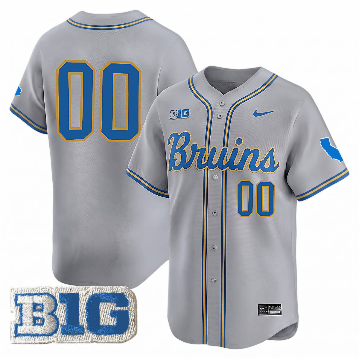 Custom UCLA Bruins Baseball Grey Limited Jersey w/ B1G Patch - All Stitched