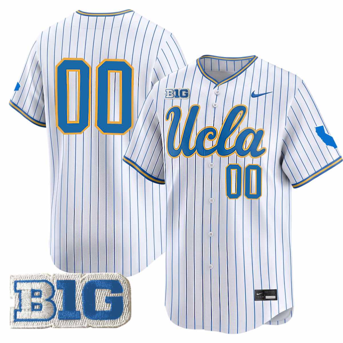 Custom UCLA Bruins Baseball White Pinstripe Limited Jersey w/ B1G Patch - All Stitched