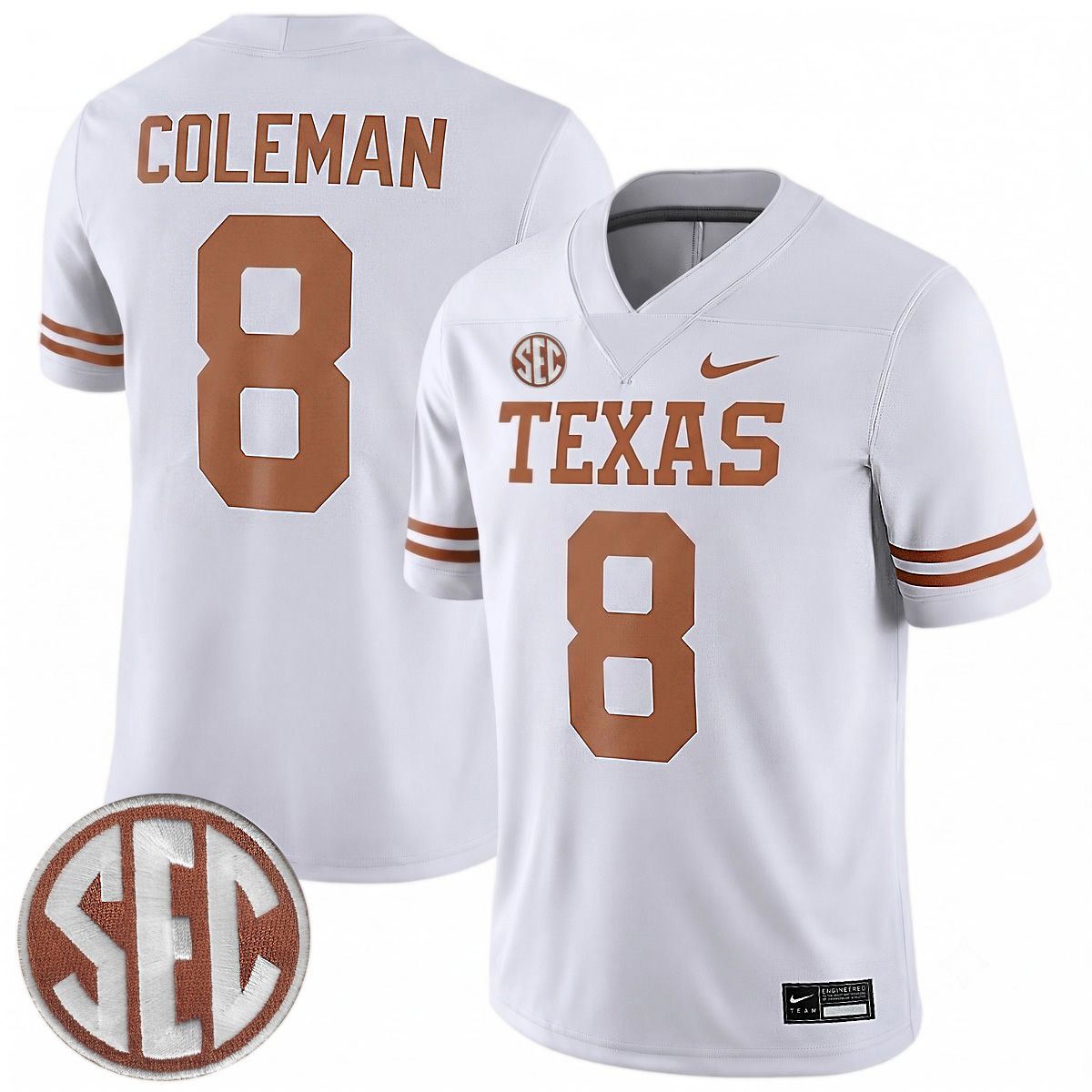 Cam Coleman Texas Longhorns Football White Game Jersey w/ SEC Patch - All Stitched