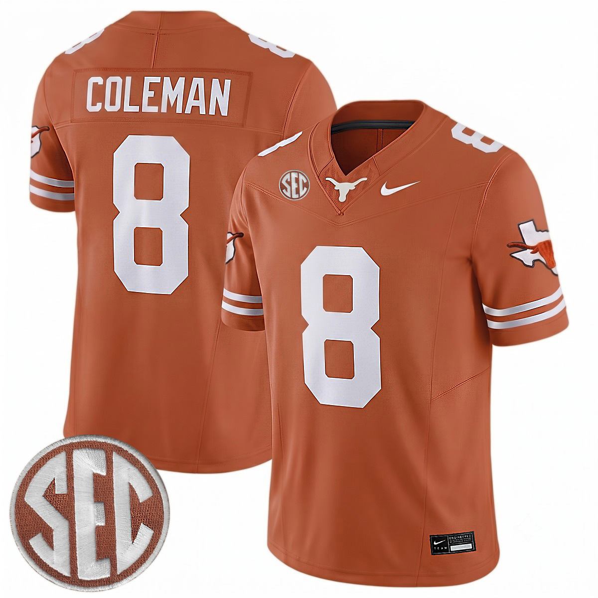 Cam Coleman Texas Longhorns Football Orange Limited Jersey w/ SEC Patch - All Stitched