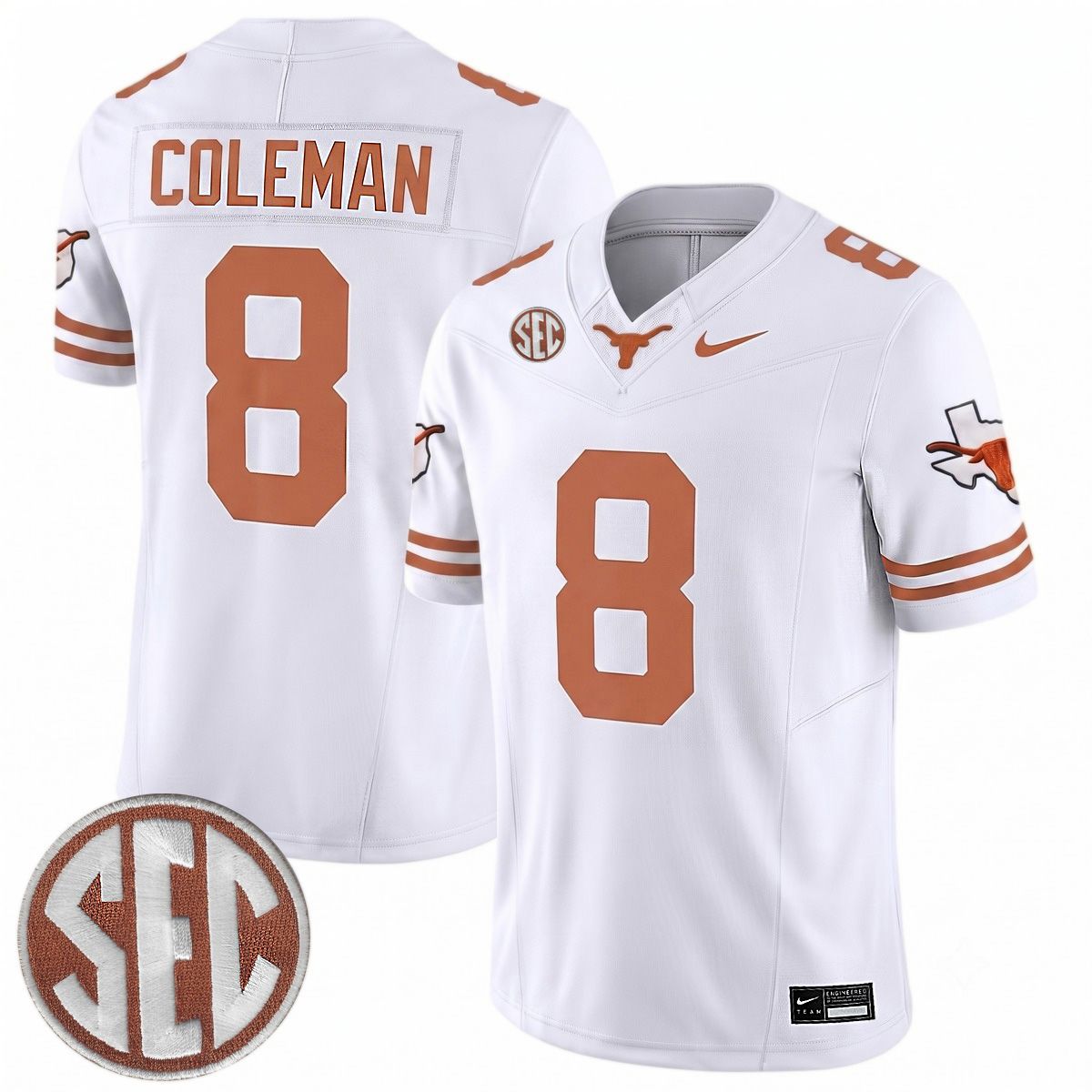 Cam Coleman Texas Longhorns Football White Limited Jersey w/ SEC Patch - All Stitched