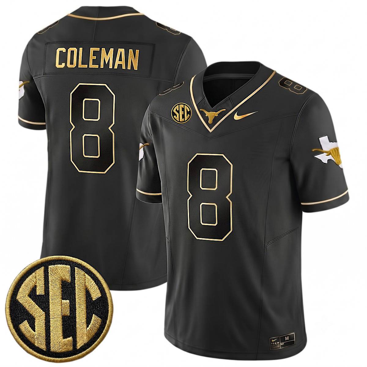 Cam Coleman Texas Longhorns Football Black Gold Jersey w/ SEC Patch - All Stitched