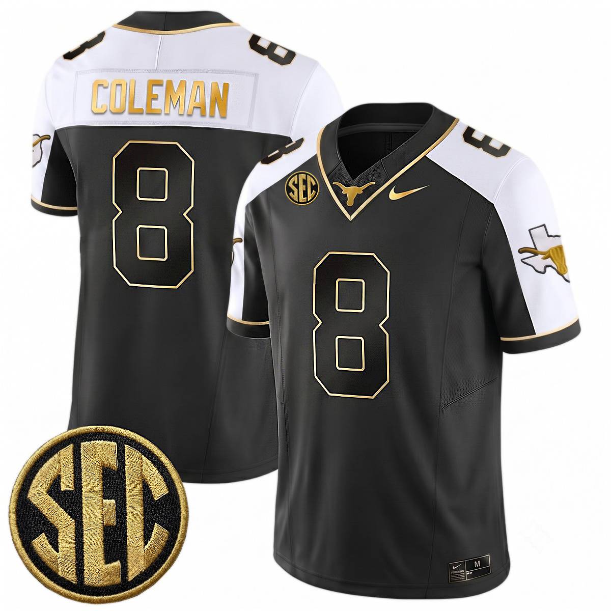 Cam Coleman Texas Longhorns Football Alternate Black Gold Limited Jersey w/ SEC Patch - All Stitched