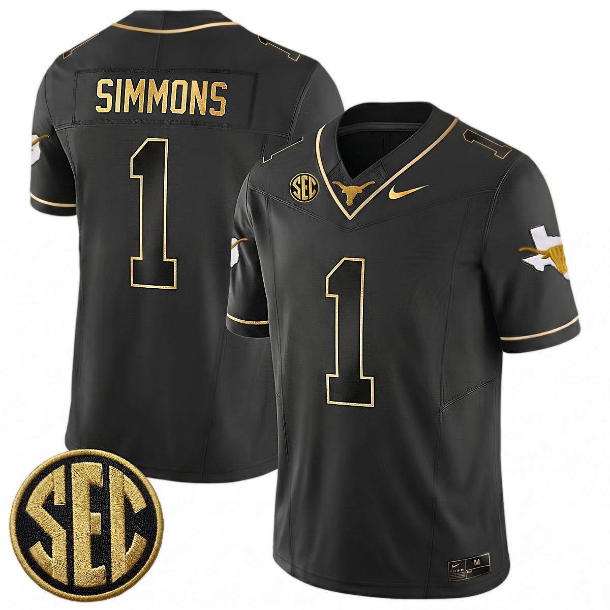 Colin Simmons Texas Longhorns Football Black Gold Jersey w/ SEC Patch - All Stitched