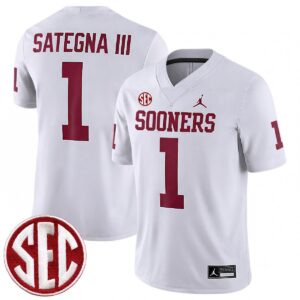 Isaiah Sategna III Oklahoma Sooners Football White Game Jersey w/ SEC Patch - All Stitched