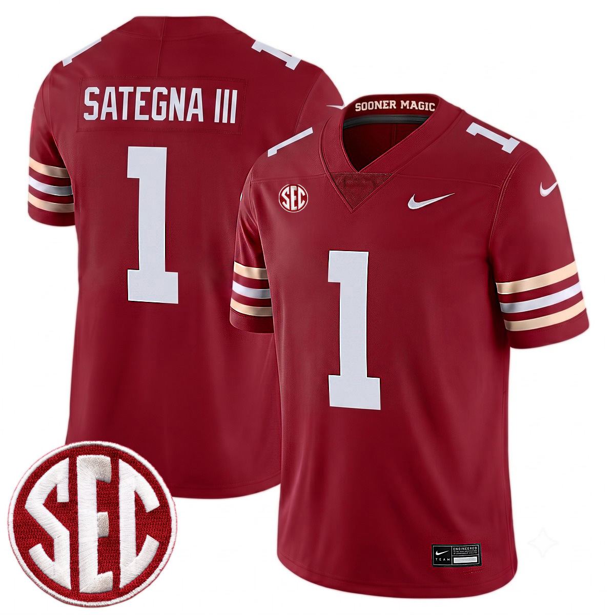 Isaiah Sategna III Oklahoma Sooners Football Crimson Alternate Game Jersey w/ SEC Patch - All Stitched
