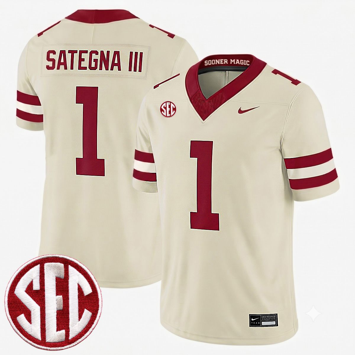 Isaiah Sategna III Oklahoma Sooners Football Cream Alternate Game Jersey w/ SEC Patch - All Stitched