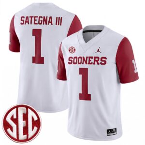 Isaiah Sategna III Oklahoma Sooners Football Crimson Sleeve Game Jersey w/ SEC Patch - All Stitched