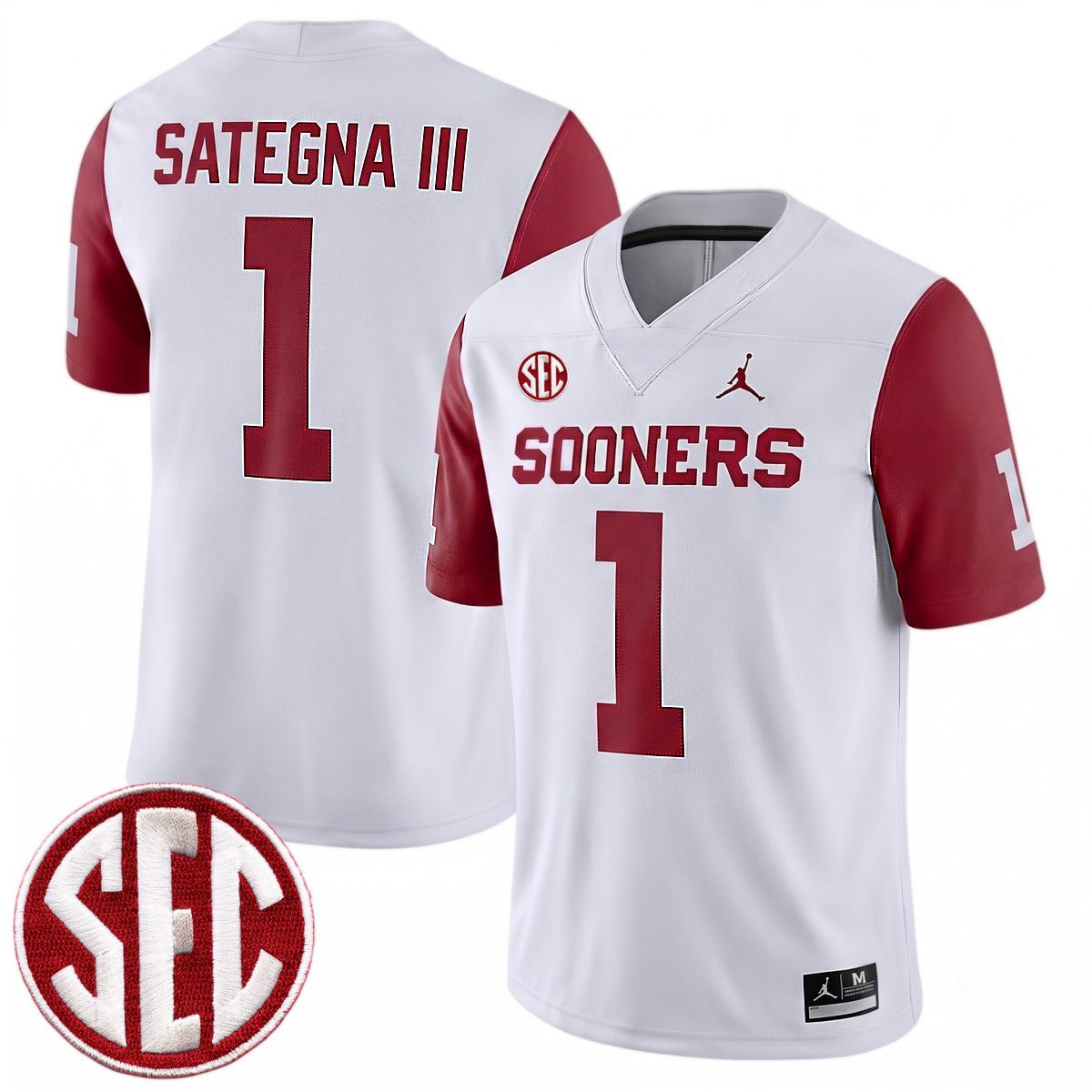 Isaiah Sategna III Oklahoma Sooners Football Crimson Sleeve Game Jersey w/ SEC Patch - All Stitched