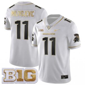 Alessio Milivojevic Michigan Spartans Football White Gold Jersey w/ B1G Patch - All Stitched