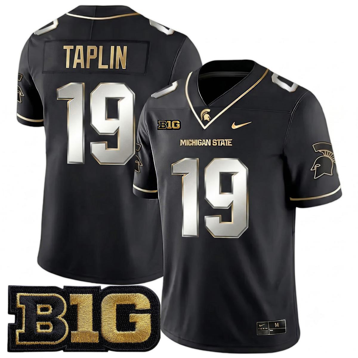 Charles Taplin Michigan Spartans Football Black Gold Jersey w/ B1G Patch - All Stitched